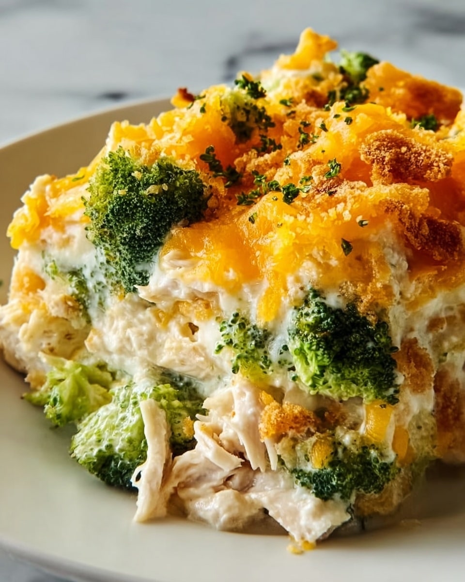 The dish shows a close-up of a layered casserole on a white plate, placed on a white marbled surface. The base layer consists of light-colored shredded chicken pieces mixed with creamy white sauce. On top of this, there are bright green broccoli florets scattered around. The next layer is melted golden-orange cheddar cheese that is spread thickly, with some browned crispy bits on the surface. Small specks of green herbs are sprinkled on top, adding a fresh touch. The overall texture looks creamy and slightly crunchy on the top edges. photo taken with an iphone --ar 4:5 --v 7