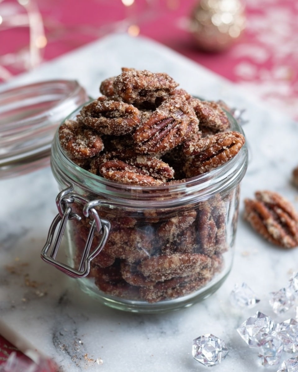 A clear glass jar filled with multiple pieces of candied pecans dusted with sugar and spices, showing their brown, bumpy texture and ridged surfaces. The jar has a metal clasp on the left side and sits on a soft pink surface with small white designs and a sprinkling of white powder around it. In the background, there are blurred glass ornaments and soft light reflections that add a cozy atmosphere. photo taken with an iphone --ar 4:5 --v 7