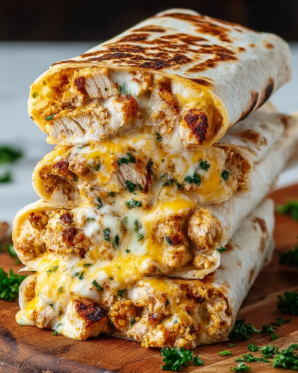 A close-up image shows two grilled wraps stacked on top of each other on a wooden board, each cut in half to reveal the filling inside. The outer layer is a white toasted tortilla with golden brown spots from grilling. Inside, the filling is made up of two main layers: chunky pieces of grilled chicken in a light brown with some char marks, and melted cheese both white and bright yellow, oozing out slightly and mixed with chopped green herbs scattered throughout. The wraps look warm, juicy, and filled richly with the chicken and cheese mixture. Small bits of herbs also lie around the wraps on the wooden board, adding a fresh touch. The background is softly blurred with warm colors. photo taken with an iphone --ar 4:5 --v 7