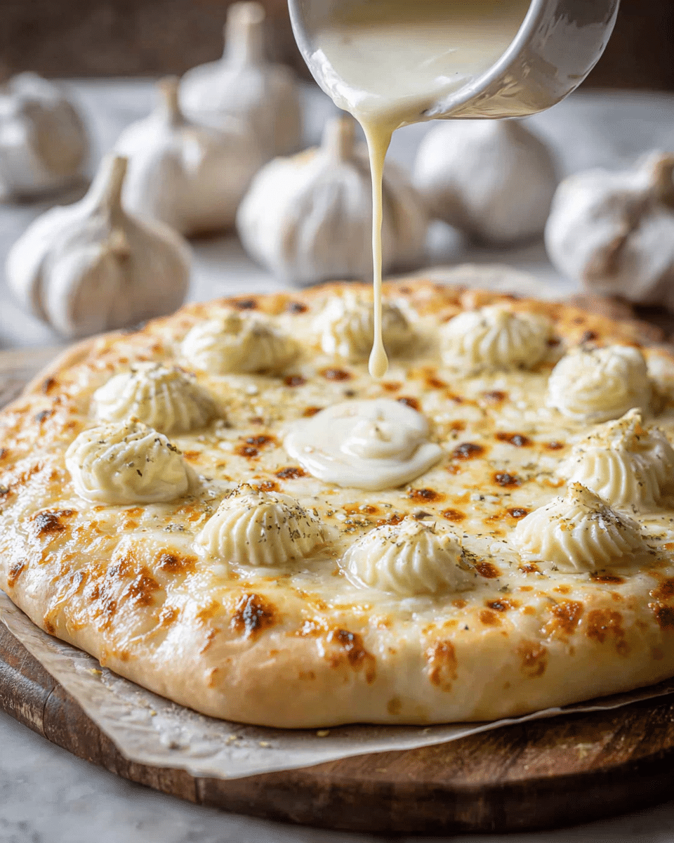 A thick, round pizza with a light golden crust rests on parchment paper over a wooden board, set on a white marbled surface. The pizza has a base layer of melted cheese that is golden brown in places with small browned spots. Around the edge, there are 10 evenly spaced dollops of creamy white garlic butter, each shaped with ridges. At the center, a creamy sauce is being poured from a bowl, with a smooth, flowing texture creating a small pool on top of the cheese. In the background, several bulbs of garlic are blurred, enhancing the garlic theme of the dish. photo taken with an iphone --ar 4:5 --v 7