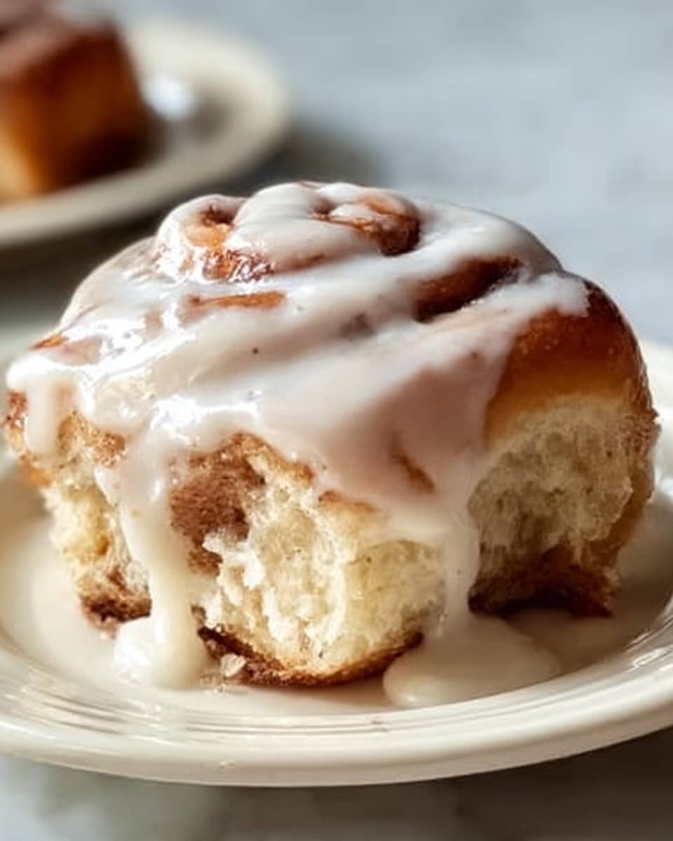 A close-up view of a single cinnamon roll on a white plate, placed on a white marbled surface. The cinnamon roll has a soft, light brown spiral of dough with visible cinnamon swirls inside. It is thickly covered with creamy white icing that drips slowly down the sides, giving the roll a shiny, glossy look. The texture of the dough looks fluffy and airy. Photo taken with an iphone --ar 4:5 --v 7
