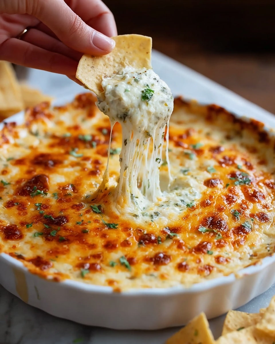 A white round dish filled with two visible layers: the bottom layer is creamy and white with green herb flecks, while the top layer is melted cheese in yellow and golden brown, bubbly and slightly browned in some spots, sprinkled with small green parsley pieces and black pepper. A woman's hand holds a round, lightly browned cracker that is covered with melted stretchy cheese and a bit of the creamy white layer, pulling the cheese upward. The background is a white marbled texture. Photo taken with an iphone --ar 4:5 --v 7