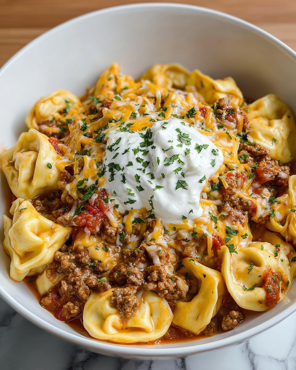 A white bowl is filled with multiple layers of stuffed tortellini pasta that are light yellow with bits of ground meat mixed in, giving a textured look. On top of the pasta is a melted blend of shredded orange and white cheese, covering the tortellini unevenly. A dollop of white sour cream sits in the center, sprinkled with small green chopped herbs. The bowl rests on a white marbled surface. photo taken with an iphone --ar 4:5 --v 7