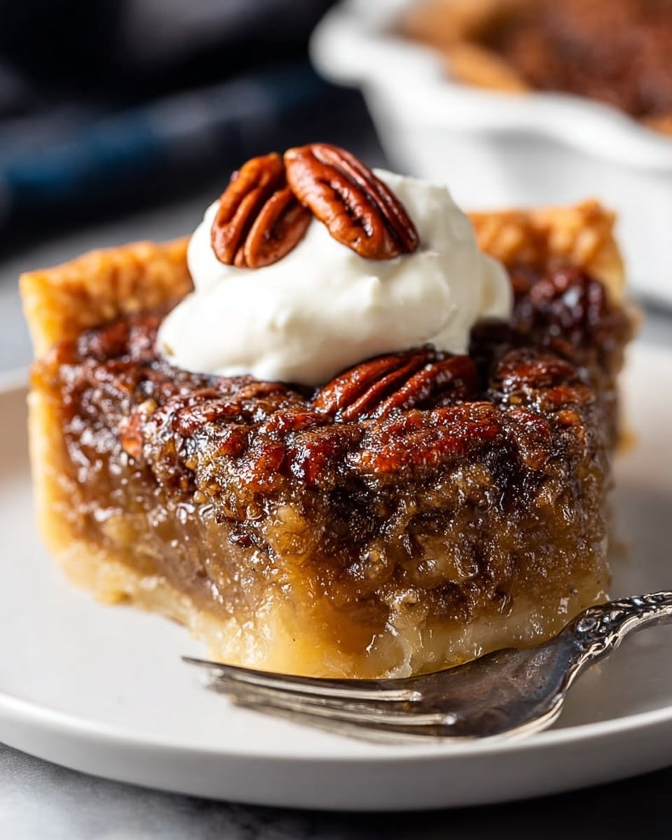 A close-up of a single square piece of sticky pecan pie on a white plate, showing three distinct layers: a light golden, crumbly crust at the bottom, a thick middle layer of gooey, caramel-colored filling with chopped pecans embedded, and a shiny, darker brown top layer densely covered with whole and chopped pecans. On top of the pie piece is a dollop of creamy white whipped topping garnished with two glossy pecan halves. A silver fork rests beside the pie with a small bite on it. The background is a white marbled texture, softly blurred. Photo taken with an iphone --ar 4:5 --v 7