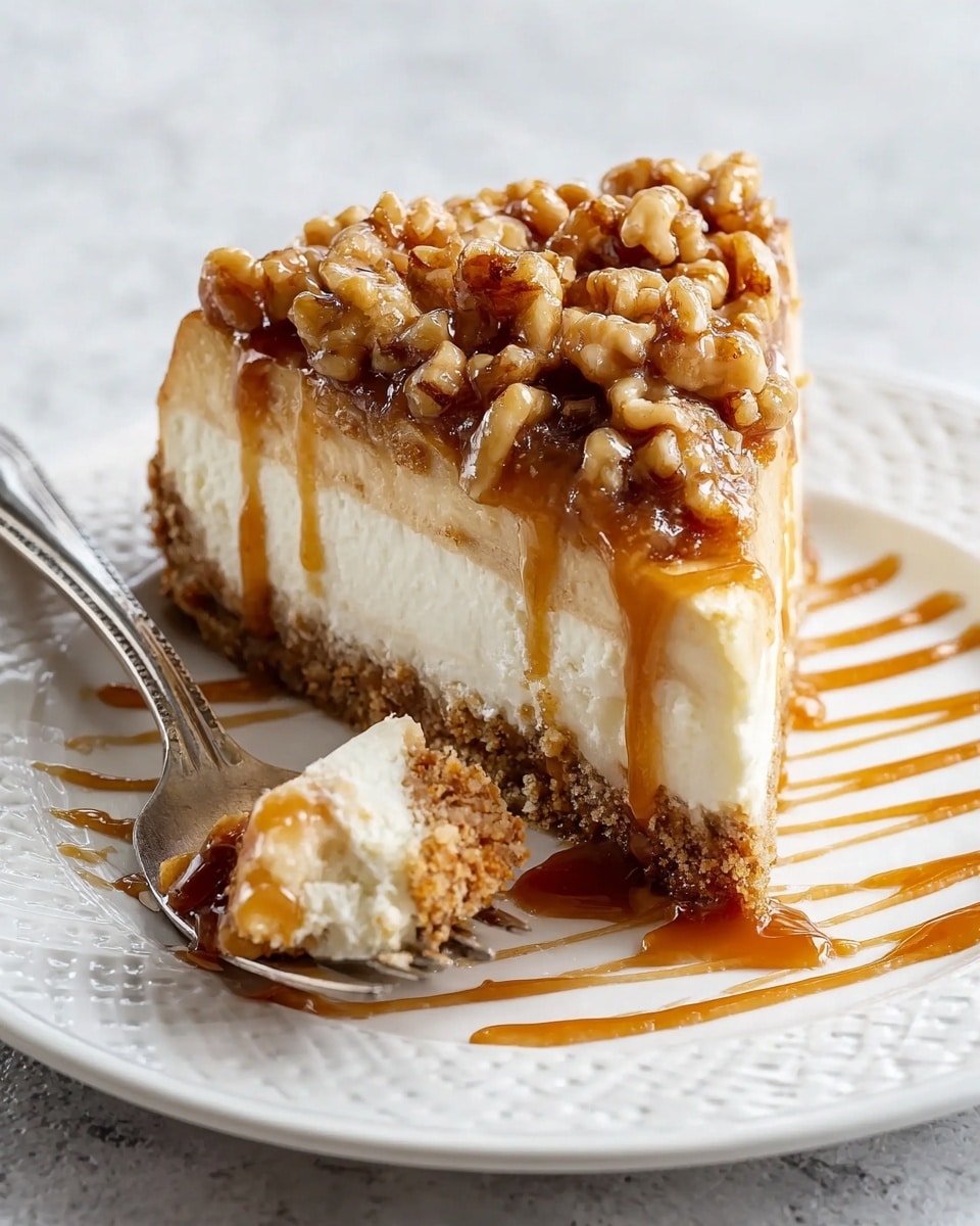 A single slice of pie sits on a white plate with a detailed textured pattern, placed on a white marbled surface. The pie has three visible layers: a crumbly brown crust at the bottom and edges, a thick creamy off-white middle layer, and a chunky caramelized walnut topping dripping with golden caramel sauce. There is extra caramel sauce artistically drizzled across the plate in thin, wavy lines. A silver fork rests against the pie slice with a bite taken out, showing the soft and creamy inside. Photo taken with an iphone --ar 4:5 --v 7