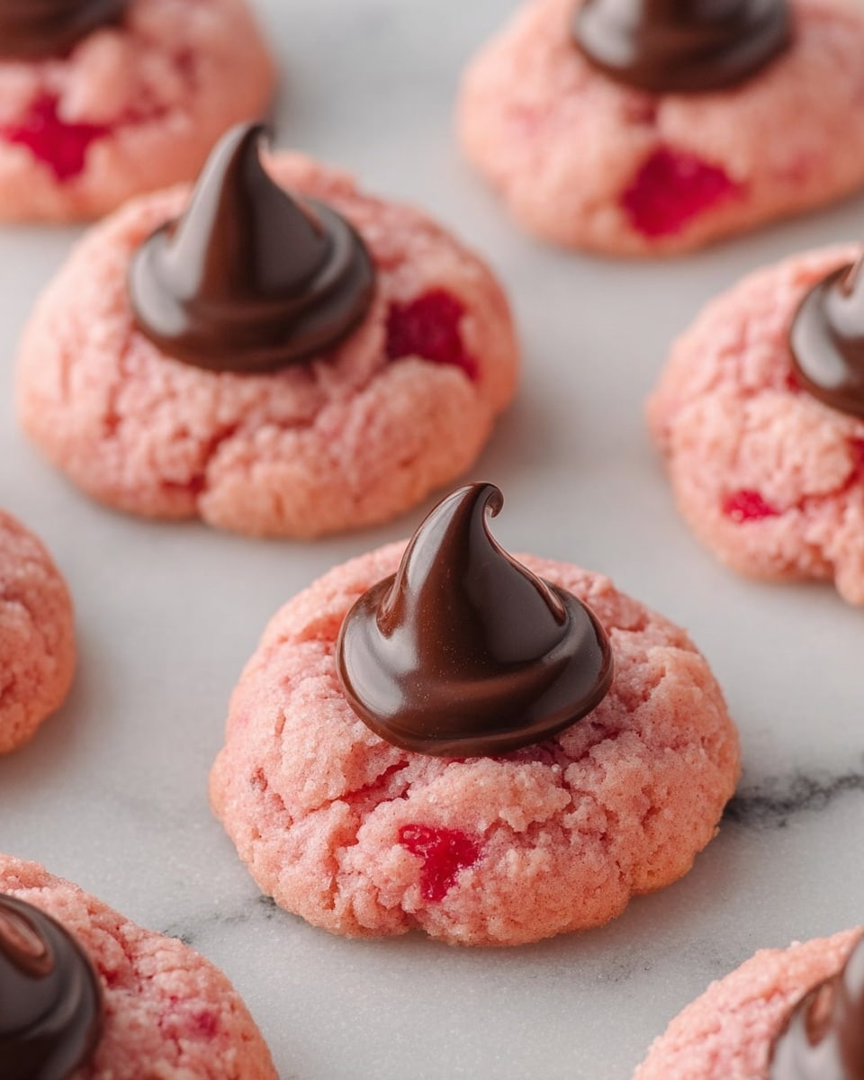 The image shows several pink cookies arranged on a flat white marbled surface. Each cookie has a base layer of soft, crumbly pink dough with small red fruit pieces embedded throughout, giving them a textured look. On top of each cookie, there is a single dollop of smooth, shiny dark chocolate, shaped like a small teardrop or peak, placed right in the center. The cookies have a slightly rough, homemade appearance with some uneven edges. Photo taken with an iphone --ar 4:5 --v 7