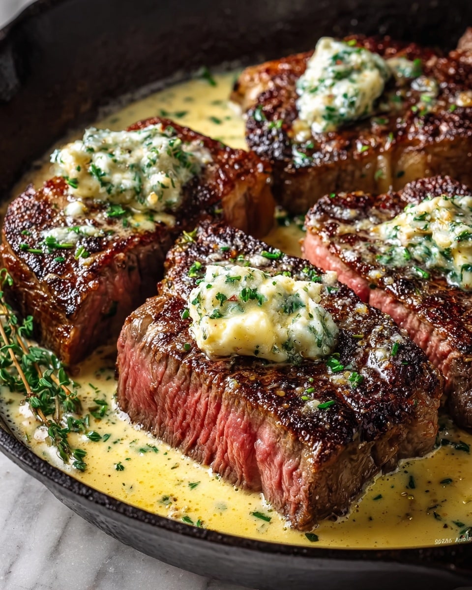 The image shows thick, grilled steak pieces arranged in a black cast iron pan filled with a creamy, light yellow sauce. Each steak piece is richly browned and seared with clear grill marks, highlighting a dark brown and slightly crispy crust. The inside of the sliced steaks reveals a juicy pink center. On top of each steak piece, there is a melted dollop of light yellow herb butter with visible small green herb flecks, which also sprinkle across the sauce and steaks. The pan sits on a white marbled surface with a blurred background of rustic wood and soft cloth. Photo taken with an iphone --ar 4:5 --v 7