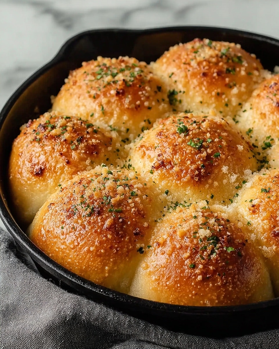 The image shows a round black skillet filled with nine golden-brown bread rolls baked closely together, with their tops sprinkled with finely chopped green herbs and small bits of grated cheese. Each roll has a slightly textured, crispy surface with a mix of light brown and deeper golden shades. The skillet rests on a soft, dark textured cloth, and the background is a white marbled surface, creating a clean contrast. The bread rolls look puffy and soft inside with crispy crusts on top, all packed tightly in one layer. photo taken with an iphone --ar 4:5 --v 7