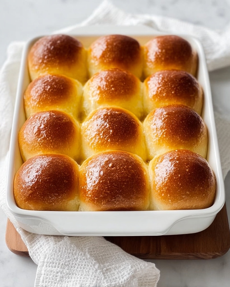 A white rectangular baking dish holds twelve golden brown dinner rolls, arranged in four rows of three. The rolls have a shiny, slightly glossy top crust with a soft, light yellow inside visible between the edges where they touch. The dish is placed on a white cloth on top of a white marbled surface. photo taken with an iphone --ar 4:5 --v 7