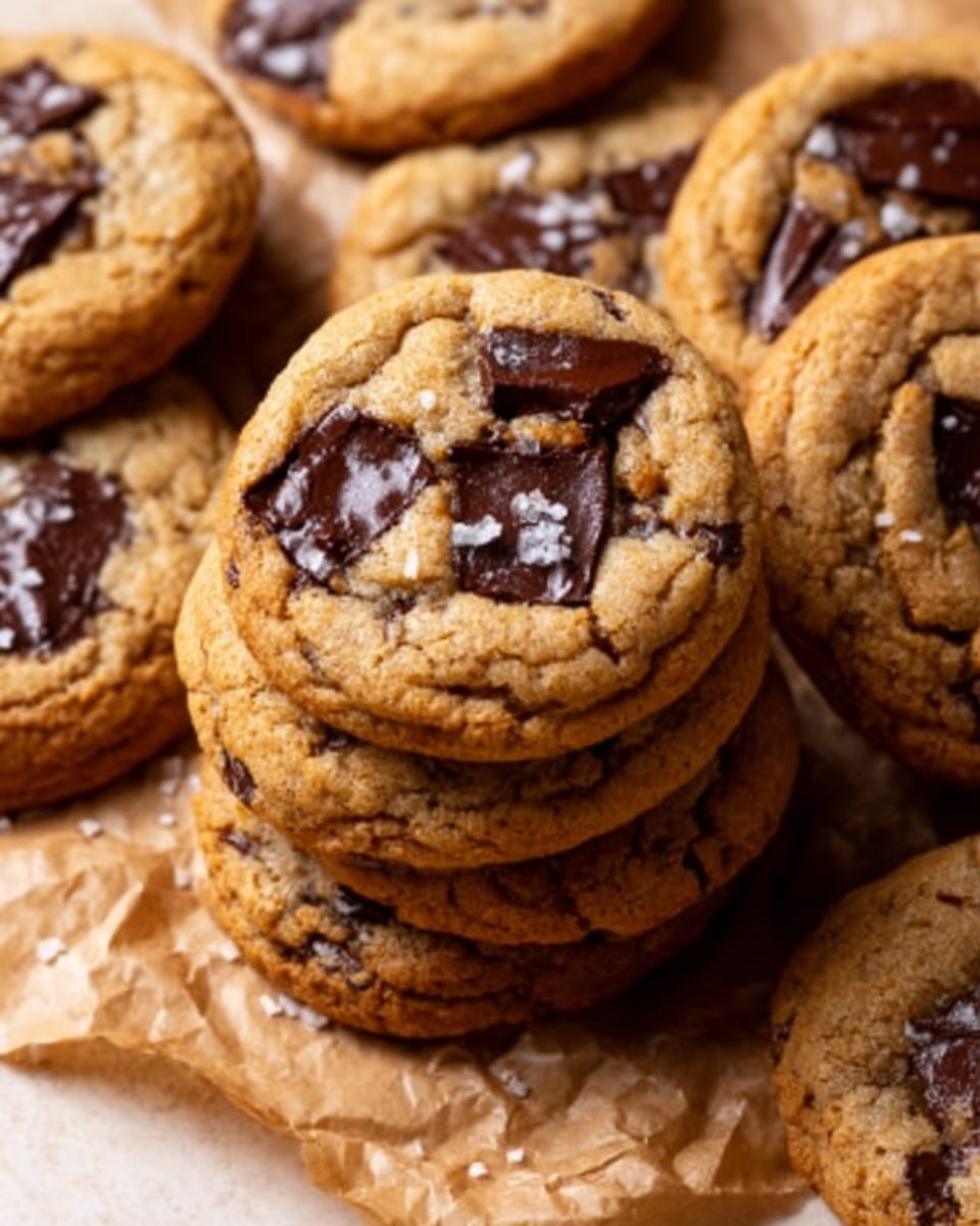 The image shows a close-up of several round, golden brown cookies with slightly cracked tops. Each cookie has visible chunks of dark chocolate embedded on the surface, some partly melted, and small grains of coarse salt sprinkled over them. The cookies are stacked in a loose pile on crinkled brown parchment paper, which lies on a white marbled surface. The texture of the cookies looks soft and chewy with slightly crisp edges. Photo taken with an iphone --ar 4:5 --v 7