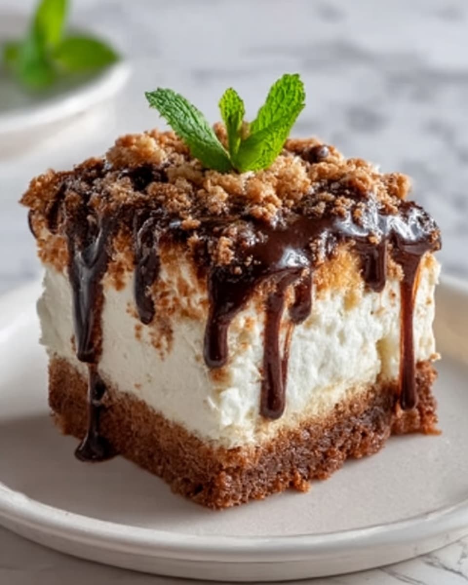 A square piece of dessert on a white plate sits on a white marbled surface. The dessert has three distinct layers: a thick, dark brown crumbly base; a thick, fluffy white middle layer; and a crumbly light brown topping with chocolate drizzle dripping down the sides. On top, there are chopped nuts and a small green mint leaf garnish. The texture looks soft and rich, with moist crumbs and smooth cream. Photo taken with an iphone --ar 4:5 --v 7
