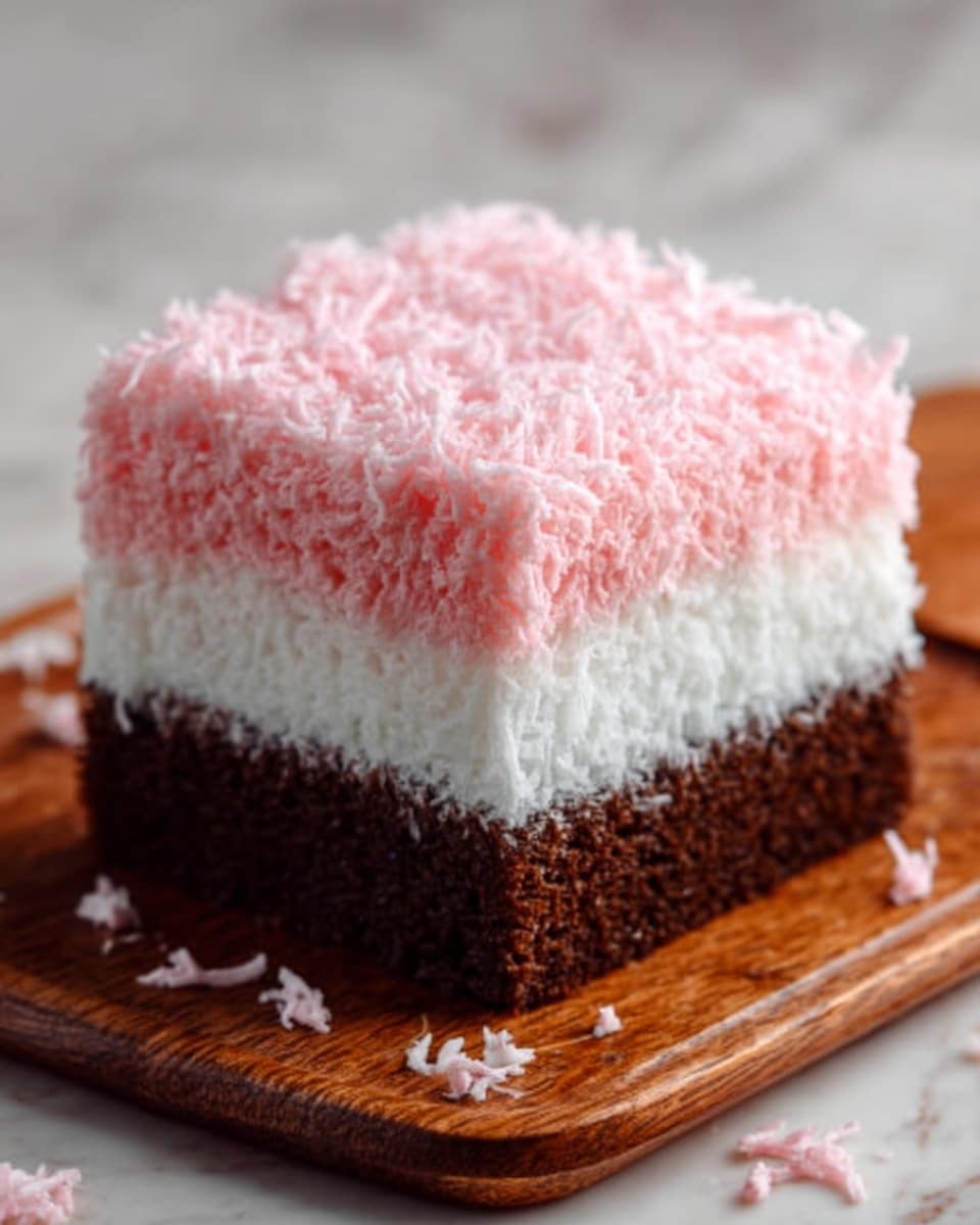The image shows a square piece of cake with three distinct layers on a wooden board. The bottom layer is thick and dark brown, looking moist and rich like chocolate cake. The middle layer is thinner and white, with a soft and fluffy texture resembling cream or frosting. The top layer is the same size as the white middle layer, covered with light pink shredded coconut or sprinkles, giving it a furry and textured look. The three layers are even and clearly separated, creating a neat and colorful contrast. The background is a white marbled surface. Photo taken with an iphone --ar 4:5 --v 7