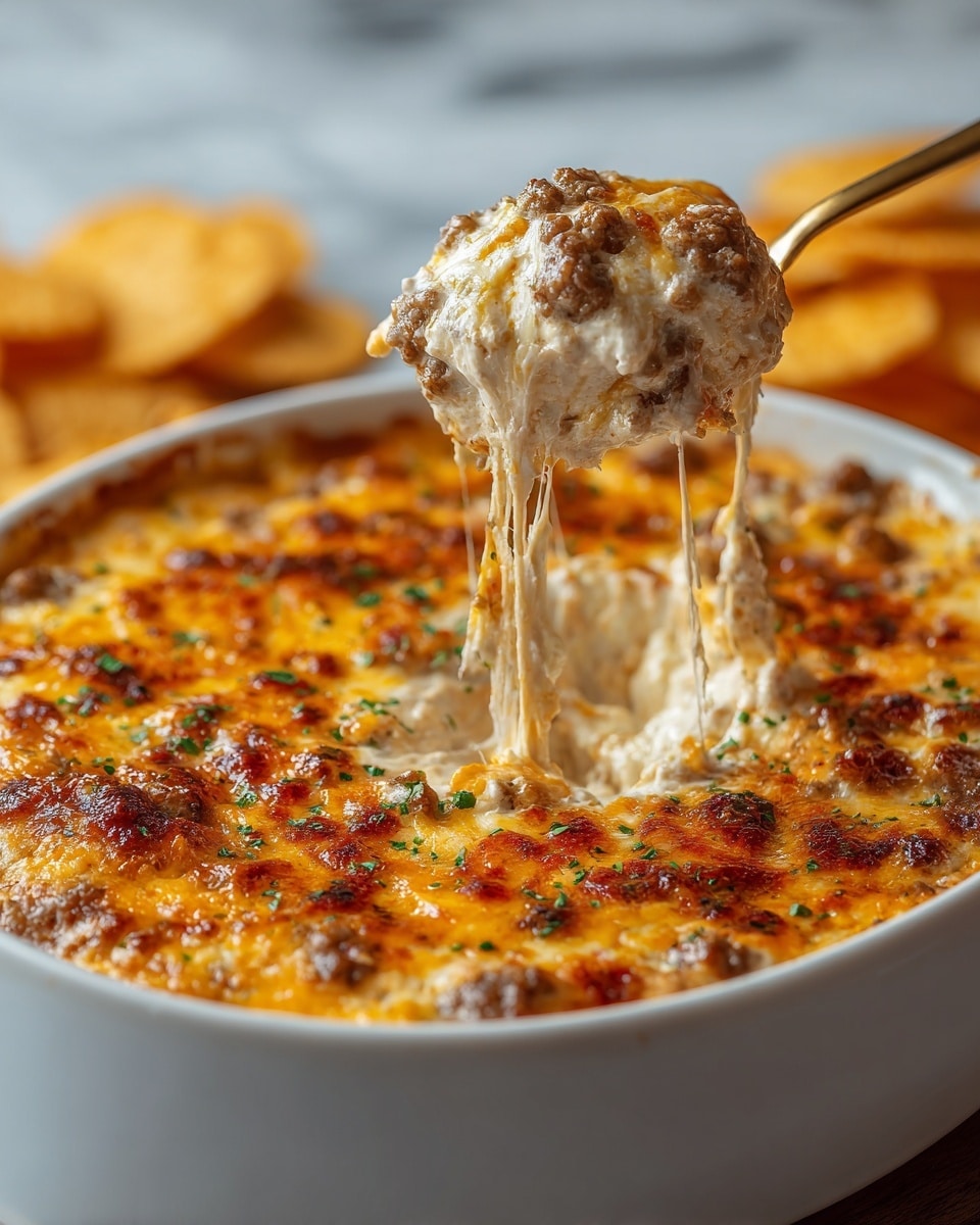 A white round dish filled with a thick layer of melted golden-yellow and browned cheese on top, sprinkled with chunks of browned ground meat and small green herb bits. The surface is bubbly and has a slightly crispy texture. A spoon lifts a scoop from the center, showing three main layers: a browned cheesy top, a middle creamy white layer mixed with bits of browned meat, and a base layer that blends with the creamy middle. The dish is set on a white marbled surface, with a white bowl of round crackers blurred in the background. Photo taken with an iphone --ar 4:5 --v 7