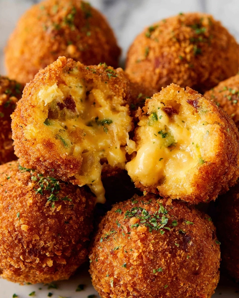 A cluster of round, golden-brown croquettes covered in a crunchy breadcrumb coating with small green herb flakes sprinkled on top, one croquette is broken open to show a creamy and melted cheesy yellow-orange inside mixed with small bits of green herbs and bits of bacon. The texture of the outside is rough and crispy, while inside is smooth and gooey. The food is placed on a white marbled surface. photo taken with an iphone --ar 4:5 --v 7