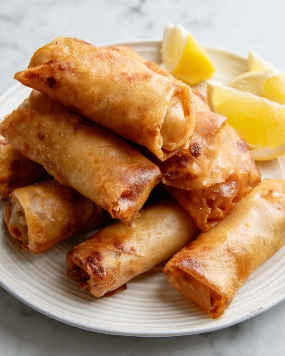 A white plate holds a stack of eight golden brown spring rolls arranged close together, each roll showing a crispy, slightly shiny surface with light brown spots and subtle crinkles from frying. The rolls are rectangular with folded edges, and in the background, there are two lemon wedges with a bright yellow color, placed near the top right of the plate. The plate sits on a white marbled surface. photo taken with an iphone --ar 4:5 --v 7