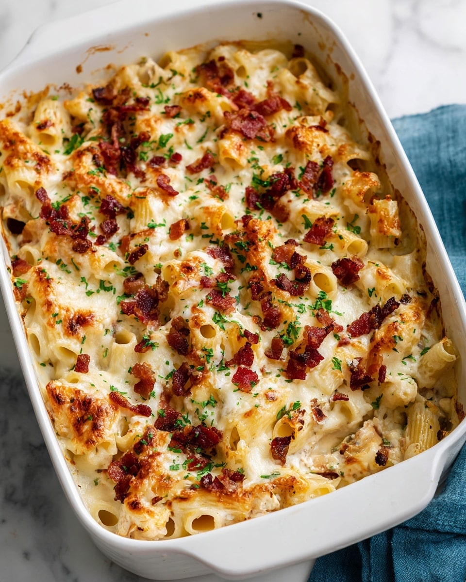 A close-up view of a baked pasta dish in a white rectangular ceramic baking dish, filled with three main layers: the base layer is light yellow pasta shells, the middle layer is melted creamy white cheese sauce with chunks of white chicken, and the top layer is a golden-brown melted cheese crust sprinkled with crispy reddish-brown bacon pieces and green chopped parsley, all on a white marbled background. photo taken with an iphone --ar 4:5 --v 7