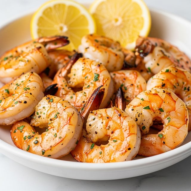 A close-up of a white bowl filled with cooked shrimp that have a golden-brown grilled texture on the edges. Each shrimp is curled, showing layers of white and orange with small black pepper specks and fresh green herb bits sprinkled evenly on top. In the background, out of focus, are wedges of lemon adding a soft yellow accent. The shrimp look juicy and slightly shiny, sitting on a white marbled surface. photo taken with an iphone --ar 4:5 --v 7