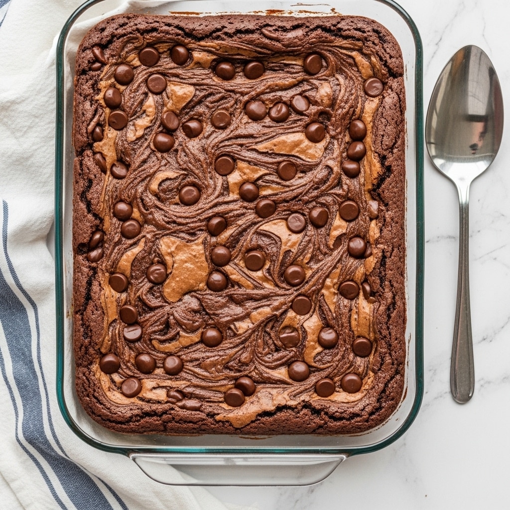 A glass baking dish filled with a thick, rich chocolate brownie that has a rough, bumpy texture on top showing swirls of lighter brown and dark chocolate. Small, round chocolate pieces are scattered across the top layer, adding shiny, smooth highlights. The edges of the brownie are darker and crisp, contrasting with the softer-looking interior swirls. The dish is placed on a white marbled surface with a white and blue striped cloth and a metal serving spoon next to it. photo taken with an iphone --ar 4:5 --v 7