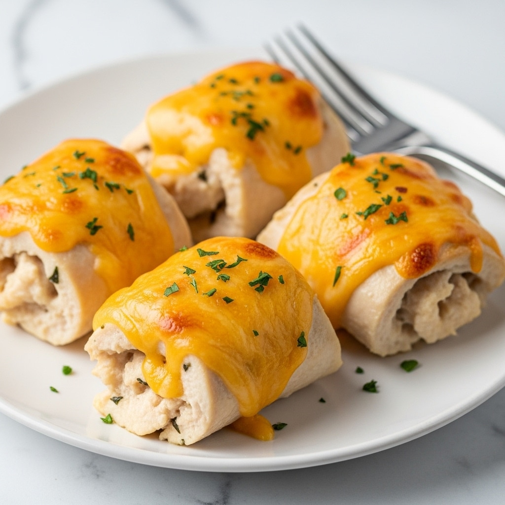 The image shows three pieces of baked chicken topped with melted golden cheese and sprinkled with green herbs on a white plate. The chicken underneath is white and tender, and part of the melted cheese layer is slightly browned and bubbly. The pieces are arranged close together on the plate, and there is a silver fork resting on the right side. The background has a white marbled texture. photo taken with an iphone --ar 4:5 --v 7