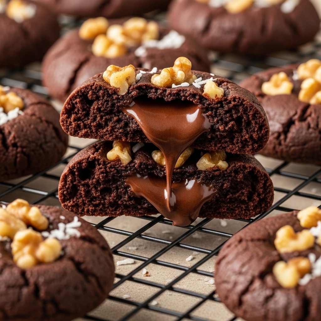 A close-up view shows rich, dark chocolate cookies on a black cooling rack with a beige base beneath it. Each cookie has a soft, slightly cracked surface with visible pieces of walnuts and coconut flakes embedded in the dough. One cookie is broken in half, revealing a thick, gooey melted chocolate center that looks warm and inviting. The texture appears dense and chewy, with the nuts adding a crunchy contrast. photo taken with an iphone --ar 4:5 --v 7