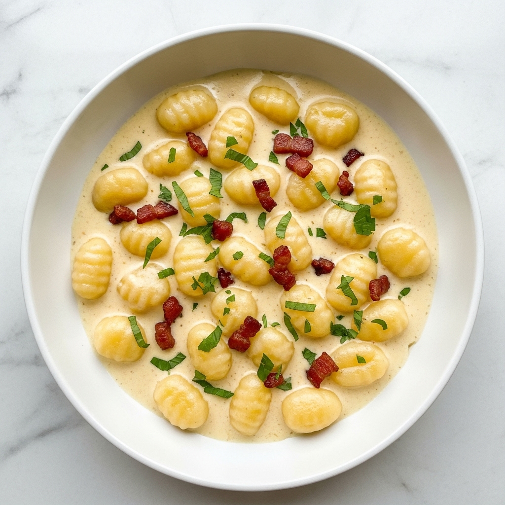 The image shows a round white bowl filled with soft gnocchi covered in a creamy, light yellow cheese sauce. The gnocchi pieces are plump and smooth, sitting evenly in the sauce. Small pieces of crispy bacon and a sprinkling of fresh green herbs are scattered on top, adding texture and color contrast. The bowl is placed on a white marbled surface, and the overall look is warm and inviting. photo taken with an iphone --ar 4:5 --v 7