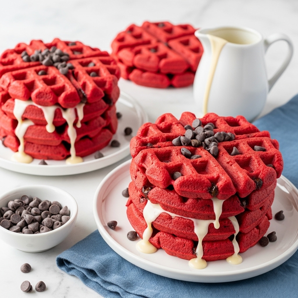 The image shows two stacks of bright red waffles on white plates, each stack having three thick layers. The waffles have a crisp texture with deep square pockets filled with creamy white sauce that is slightly dripping down the sides. Scattered dark chocolate chips sit on top and inside the squares of the waffles, adding contrast to the vibrant red color. On the white marbled surface beside the plates, there is a white pitcher filled with extra sauce and a small white bowl holding more dark chocolate chips. A blue cloth is placed under one plate, adding a touch of color to the scene. photo taken with an iphone --ar 4:5 --v 7