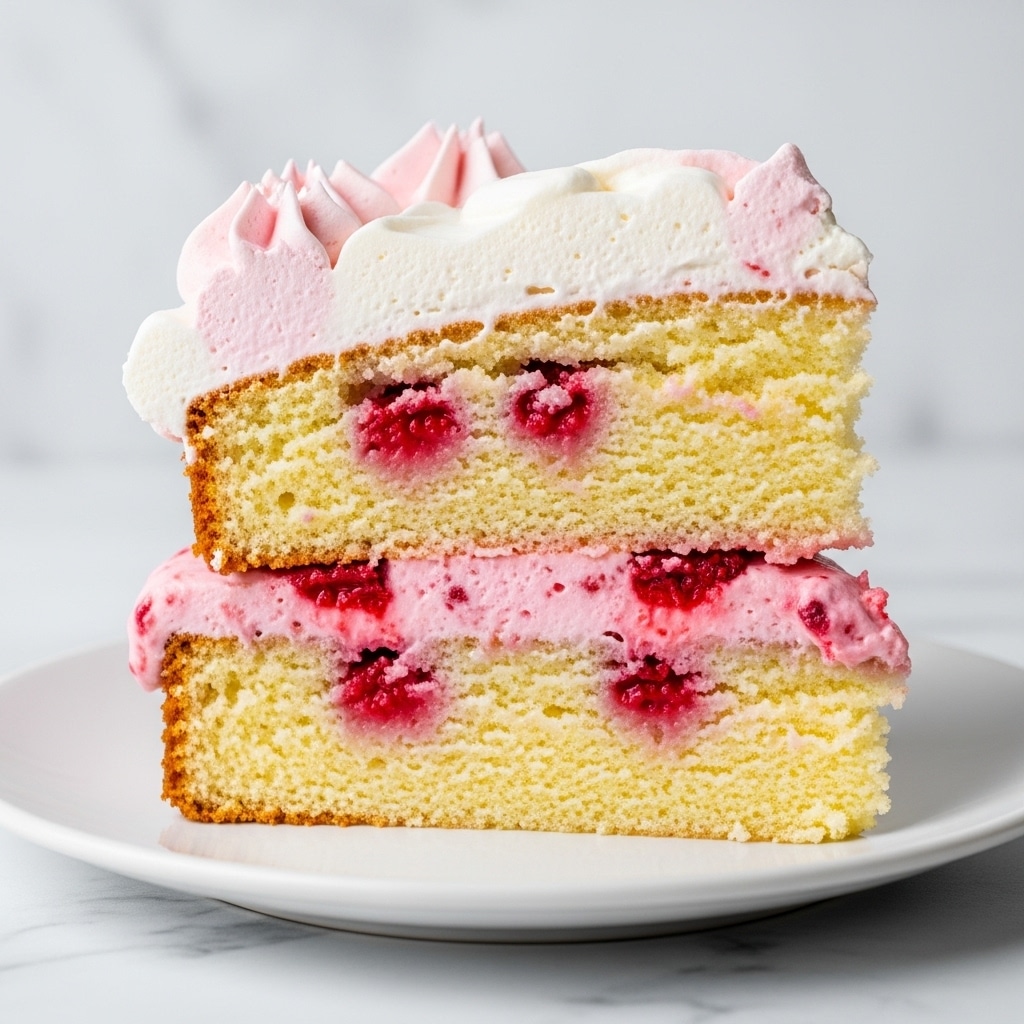 A two-layer slice of vanilla cake with visible small red berry pieces baked inside both layers. Between the layers, there is a pink creamy frosting mixed with bits of red berries. The top of the cake is covered with a thick layer of white and light pink whipped frosting with a soft, fluffy texture and some small peaks. The slice is served on a white plate, placed on a surface with a white marbled texture. photo taken with an iphone --ar 4:5 --v 7