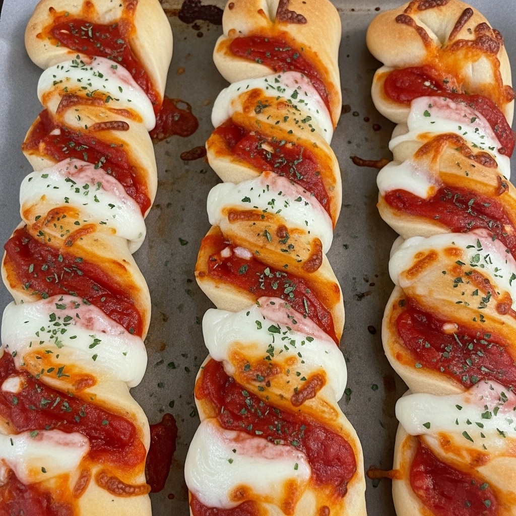 The image shows three twisted breadsticks laying on a grey baking tray. Each breadstick has two main layers: a golden-brown twisted dough base and alternating thick stripes of melted white cheese and bright red tomato sauce on top. The cheese is slightly browned and bubbly in spots, while the tomato sauce looks smooth and glossy. Small green herb flakes are sprinkled on the cheese, adding a touch of color and texture. The breadsticks have a soft and chewy appearance, with some oil glistening around them on the tray. The background is a white marbled surface. photo taken with an iphone --ar 4:5 --v 7