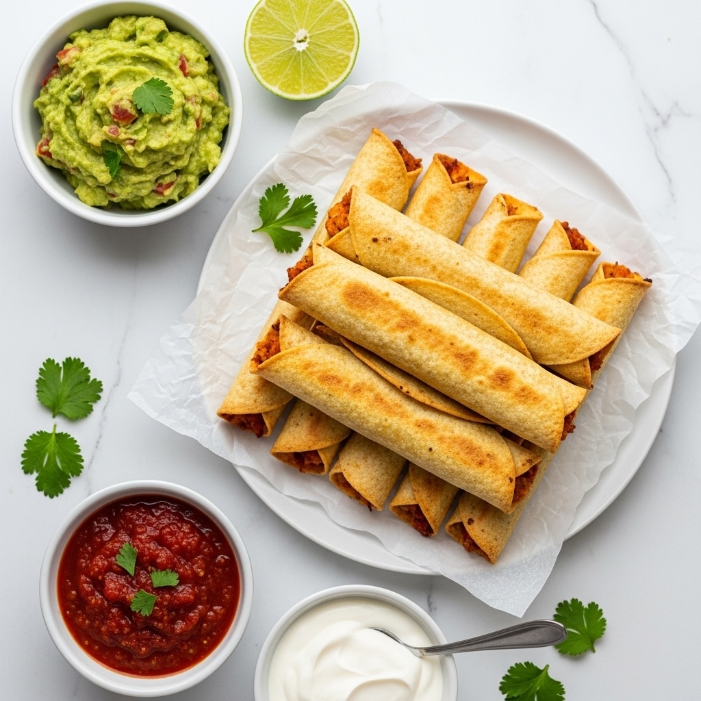 A white plate holds a stack of golden-brown rolled taquitos, each one crispy with a slightly bumpy texture and visible seams of the corn tortilla wrapped tightly around the filling. The taquitos lay on crumpled white parchment paper over a white marbled surface. To the top side of the plate, a small white bowl filled with chunky green guacamole shows varied textures from smooth to lumpy with small bits of ingredients visible. Nearby, a sliced lime, with its bright green rind and juicy pale center, rests on the surface. Toward the bottom left of the frame, another small white bowl contains deep red salsa with visible bits of tomato and herbs, looking thick and rich. A third small white bowl filled with creamy white sour cream is present at the bottom right, with a silver spoon resting in it. Scattered cilantro leaves add a fresh touch around the taquitos. photo taken with an iphone --ar 4:5 --v 7