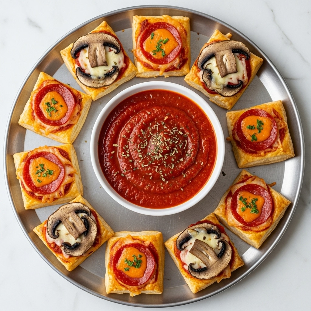 The image shows a round metal tray filled with small square puff pastry bites arranged around a white bowl of red marinara sauce with bits of herbs sprinkled on top. Each pastry has a golden-brown flaky base layered with melted cheese and tomato sauce. Some squares are topped with dark brown mushroom slices, while most are topped with deep red pepperoni slices that have a slightly crispy edge and melted cheese on top. The tray sits on a white marbled surface. photo taken with an iphone --ar 4:5 --v 7