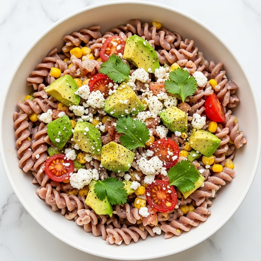 A close-up view of a bowl filled with creamy rotini pasta mixed with yellow corn kernels, small red pieces of bacon, and bright green avocado chunks. The pasta is light beige and has a smooth, rich texture, while the corn adds pops of yellow throughout. The avocado pieces add a fresh green color on top, sprinkled with fresh cilantro leaves and a few specks of black pepper. The bowl is white with a slightly rough dark rim, placed on a white marbled surface. photo taken with an iphone --ar 4:5 --v 7