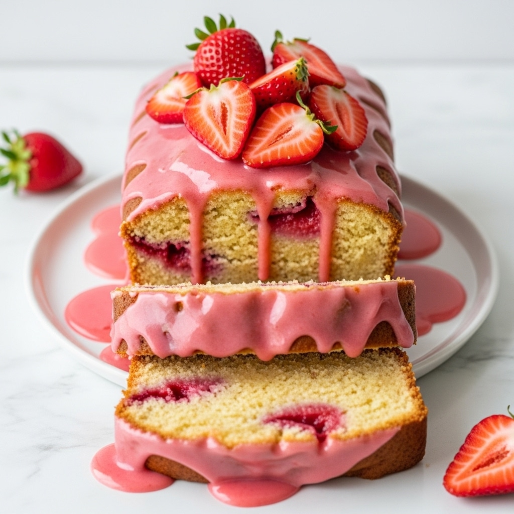 A close-up of a rectangular cake on a white plate with a thin black line around the edge, set on a white marbled surface. The cake has four visible slices; each slice shows a yellowish, soft, and moist crumb texture. Thick pink icing is poured over the top, dripping unevenly down the sides and pooling slightly on the plate. Fresh red strawberry pieces are scattered on the top, some whole and some halved, adding a fresh fruit element. The lighting makes the pink icing shiny and the cake look very fresh. photo taken with an iphone --ar 4:5 --v 7