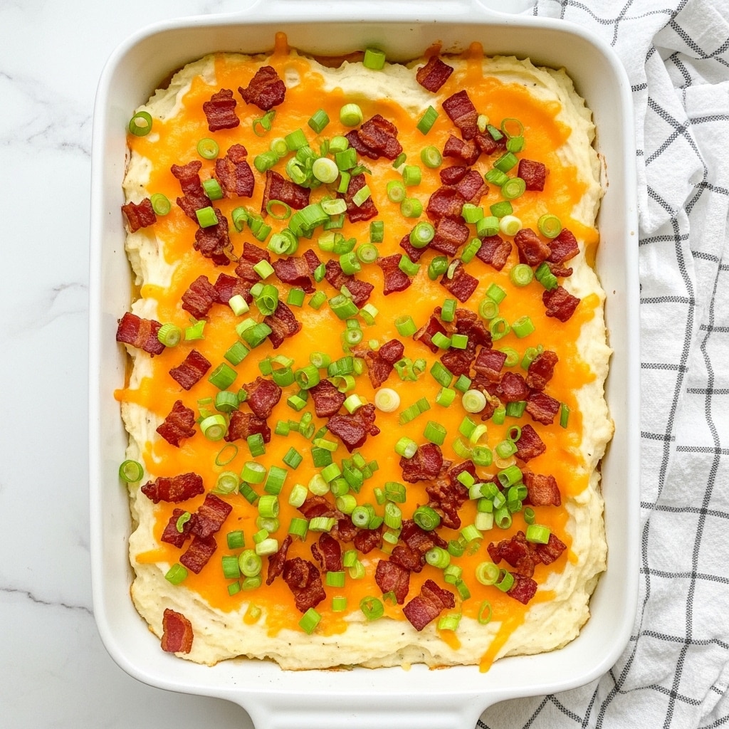 A white rectangular baking dish filled with a layered casserole, topped with melted golden-yellow cheddar cheese and scattered crispy brown bacon bits. Small fresh green chopped scallions are spread evenly over the top, creating a contrast with the cheese and bacon. The base layer appears creamy and soft, showing bits of potatoes mixed in, with the bacon and scallions adding texture and color on top. The dish is placed on a white marbled surface with a white and grey checked cloth partly visible under the dish. Photo taken with an iphone --ar 4:5 --v 7