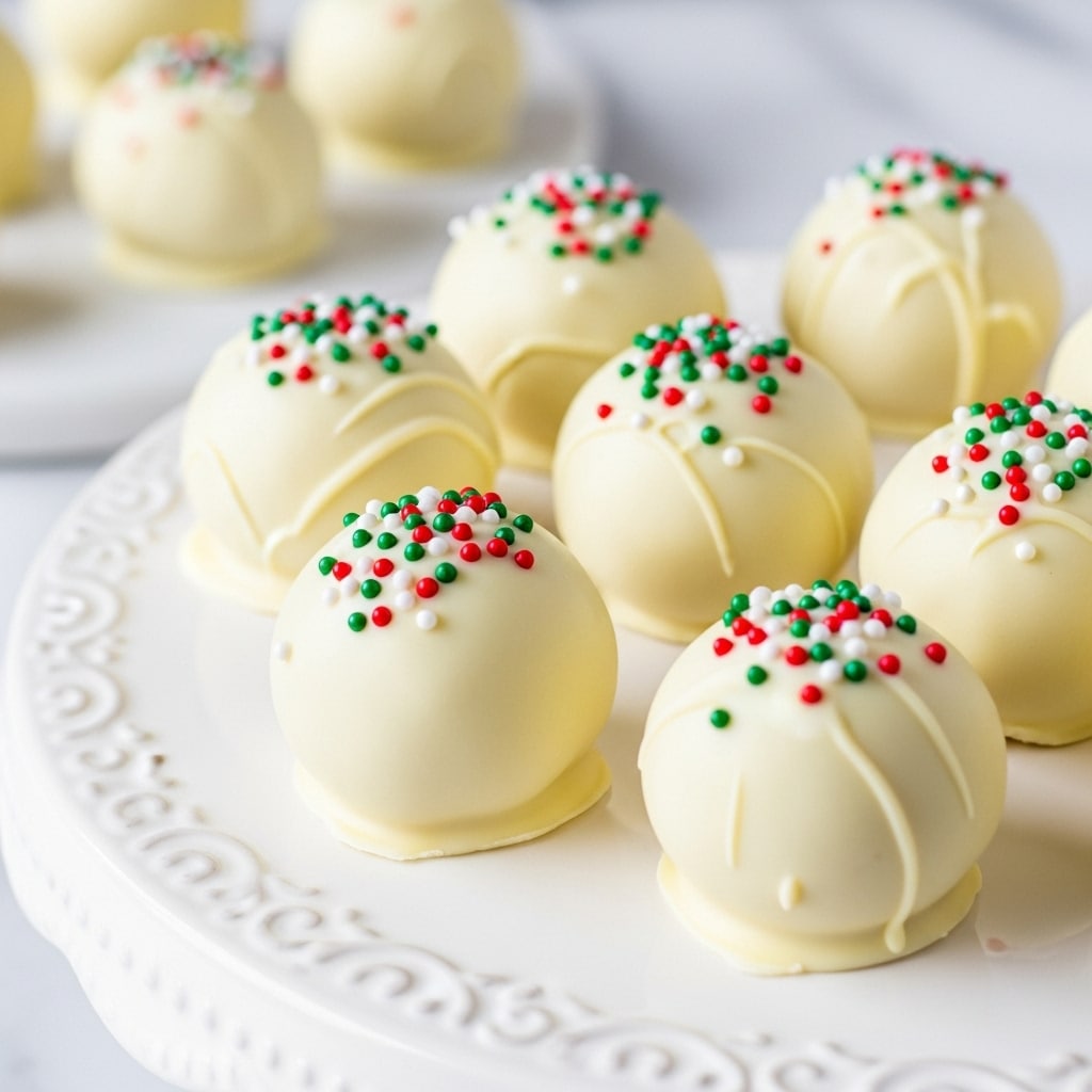 The image shows a close-up of several round white chocolate balls with a smooth, shiny texture, each topped with small red, green, and white sprinkles. They are arranged on a white plate with a subtle embossed pattern on its rim. The white chocolate balls have a creamy, pale yellow color and a glossy finish, and they slightly rest on small puddles of melted white chocolate at their bases. The background features a faint hint of holiday colors, and the surface under the plate is a white marbled texture. photo taken with an iphone --ar 4:5 --v 7