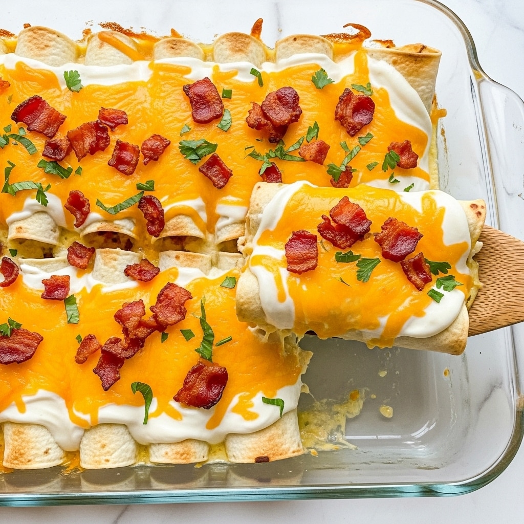 A clear glass baking dish sits on a white marbled surface, filled with a layer of rolled enchiladas. Each enchilada is rolled tightly and covered in a creamy white sauce with melted yellow cheddar cheese layered unevenly on top. Bits of crispy reddish-brown bacon are sprinkled across the surface along with small pieces of chopped green herbs. A wooden spatula is lifting one piece from the dish, showing the soft, moist texture of the enchiladas underneath the melted cheese. The overall look is rich, cheesy, and inviting with a mix of yellow, white, red, and green colors. photo taken with an iphone --ar 4:5 --v 7