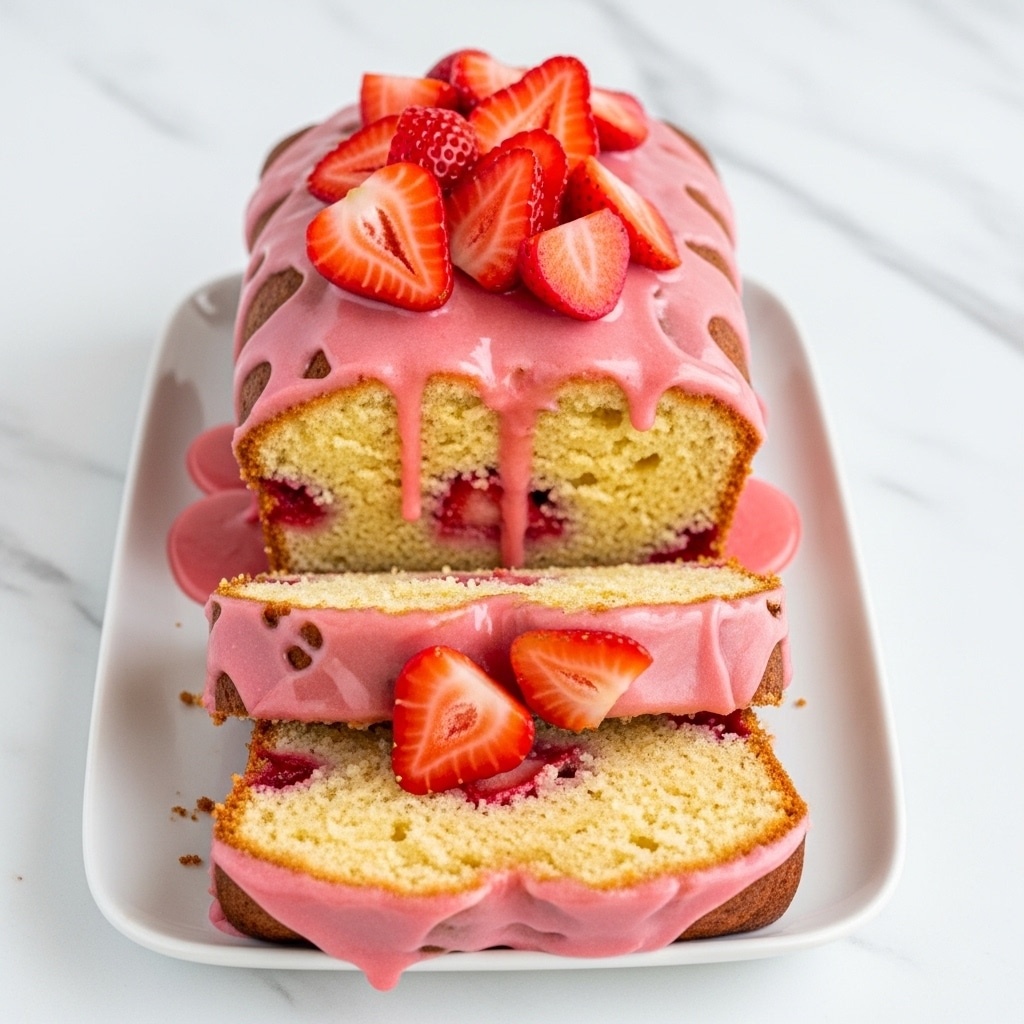 The image shows a loaf cake sliced into pieces, placed on a white plate on a white marbled surface. The cake has a light yellow color with a soft, crumbly texture inside. On top, there is a thick pink glaze dripping down the sides and over the front, creating shiny, smooth layers. Fresh red strawberry halves are scattered on top of the pink glaze, adding bright, juicy details. The overall look is fresh, sweet, and inviting. Photo taken with an iphone --ar 4:5 --v 7