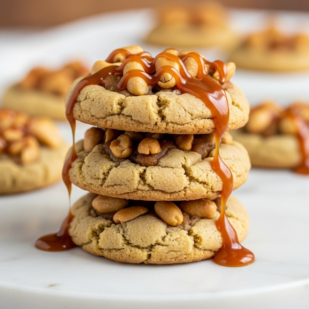 The image shows a stack of three cookies on a white marbled surface, each cookie topped with crunchy peanut pieces and a drizzle of glossy caramel sauce. The cookies have a golden-brown color with a slightly cracked, soft texture. The peanut pieces add a crunchy, creamy tan contrast on top, while the caramel sauce is a rich amber color, flowing lightly over the cookies. The background is softly blurred with warm tones, making the cookies stand out clearly. photo taken with an iphone --ar 4:5 --v 7