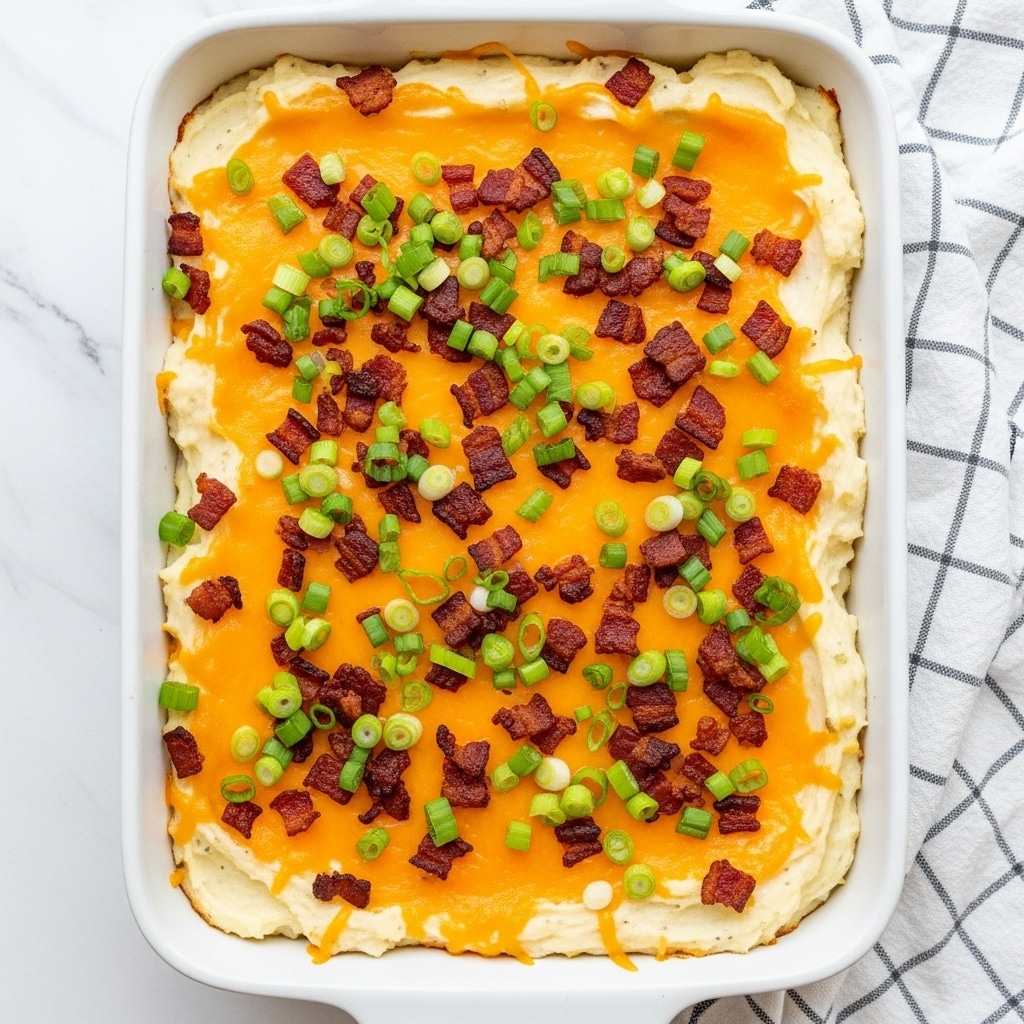 A white rectangular baking dish filled with a layered casserole, the base layer is creamy mashed potatoes with a smooth texture and off-white color. On top, there is a generous spread of melted cheddar cheese in bright orange patches, unevenly melted and slightly browned. Scattered over the cheese are small pieces of crispy cooked bacon, dark brown with a crunchy texture, and bright green chopped scallions evenly spread across the surface for freshness and color contrast. The dish sits on a white marbled surface next to a white and gray checked cloth. Photo taken with an iphone --ar 4:5 --v 7