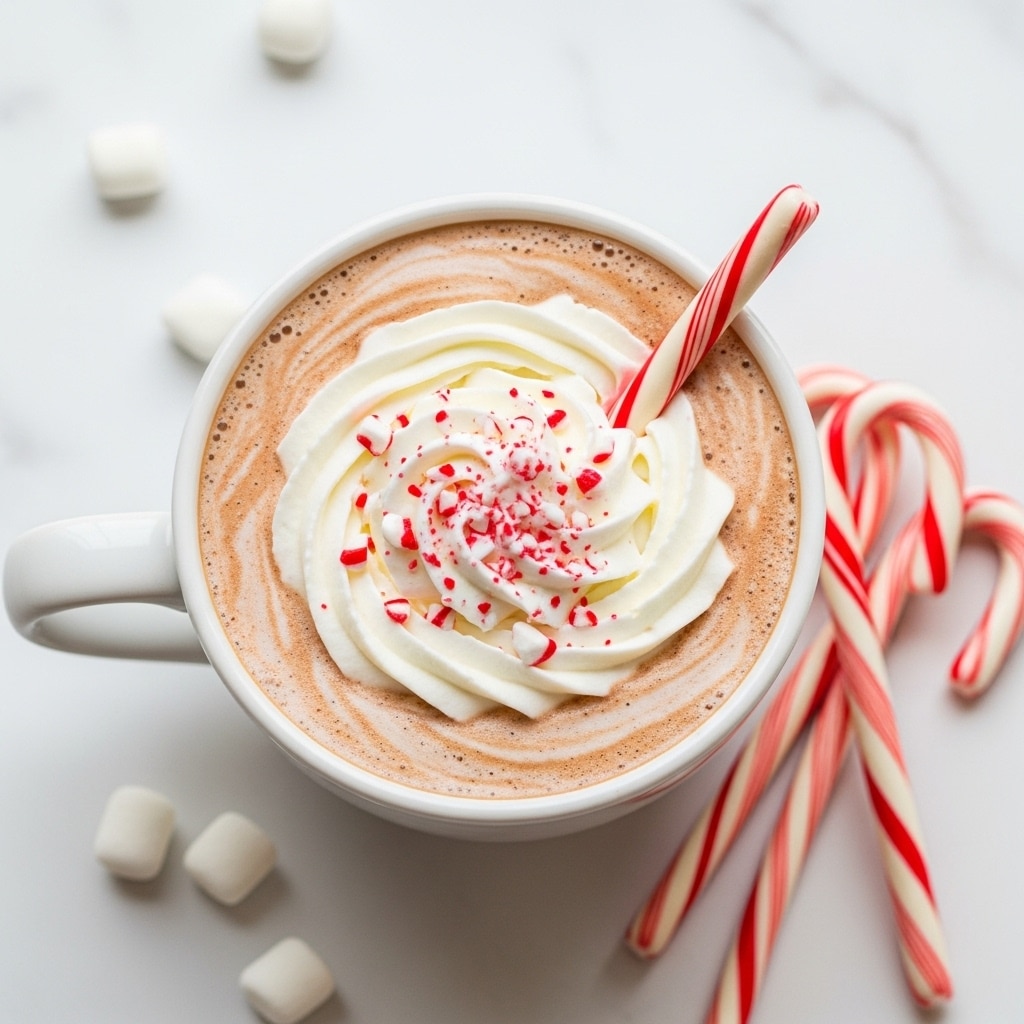 A white cup is filled with a cozy hot chocolate that shows a soft brown swirled texture on the surface. On top, there is a thick, creamy swirl of white whipped cream in the middle, sprinkled with small pieces of red and white crushed candy canes. A whole striped red and white candy cane stick is placed standing inside the whipped cream on one side. The cup sits on a white marbled surface, with a few small white marshmallows scattered nearby and three whole candy canes laying next to the cup. Photo taken with an iphone --ar 4:5 --v 7