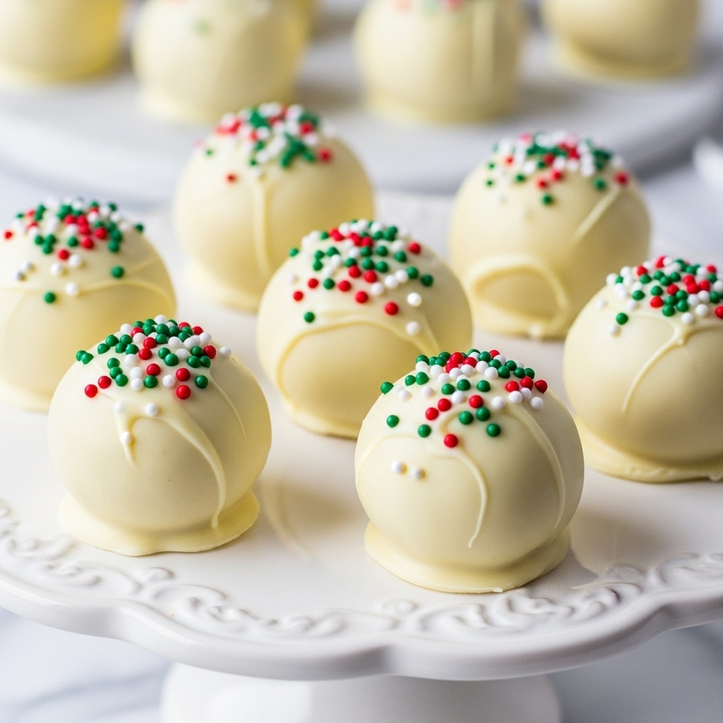 A close-up view of round white chocolate-coated truffles arranged on a white, slightly ornate cake stand. Each truffle is smooth and creamy pale yellow in color, topped with small red, green, and white sprinkles scattered mainly on the top center. The truffles have a shiny texture and a small base where the coating gathers. The background shows more truffles slightly out of focus on a white marbled surface, giving a festive and delicious look. photo taken with an iphone --ar 4:5 --v 7
