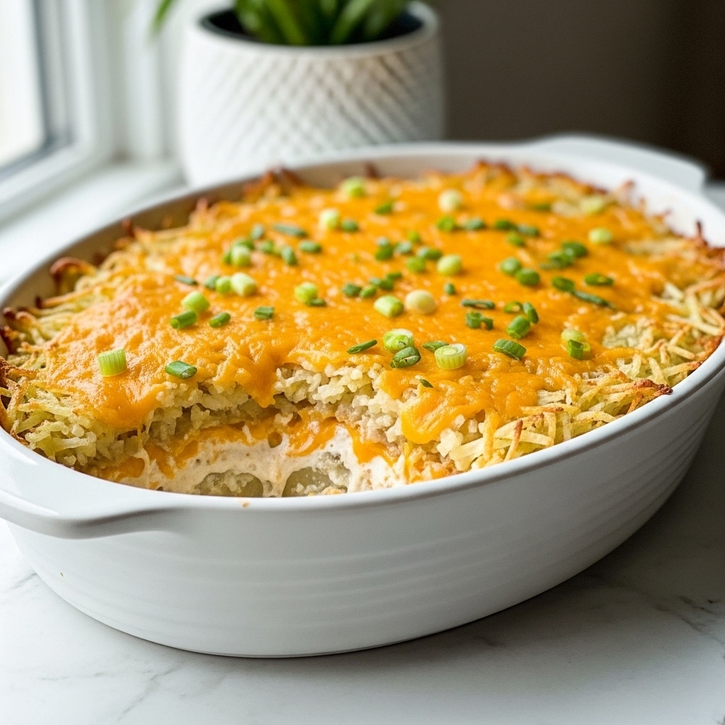 A white ceramic oval dish holds a golden, crispy layered casserole with a textured top layer of shredded melted cheddar cheese mixed with crispy fried thin potato sticks, sprinkled with finely chopped green onions. Underneath, a creamy white cheesy layer peeks through the crispy topping, showing a soft and rich filling. The dish is set on a wooden surface, with a blurred background featuring a green plant and a white marbled texture. photo taken with an iphone --ar 4:5 --v 7