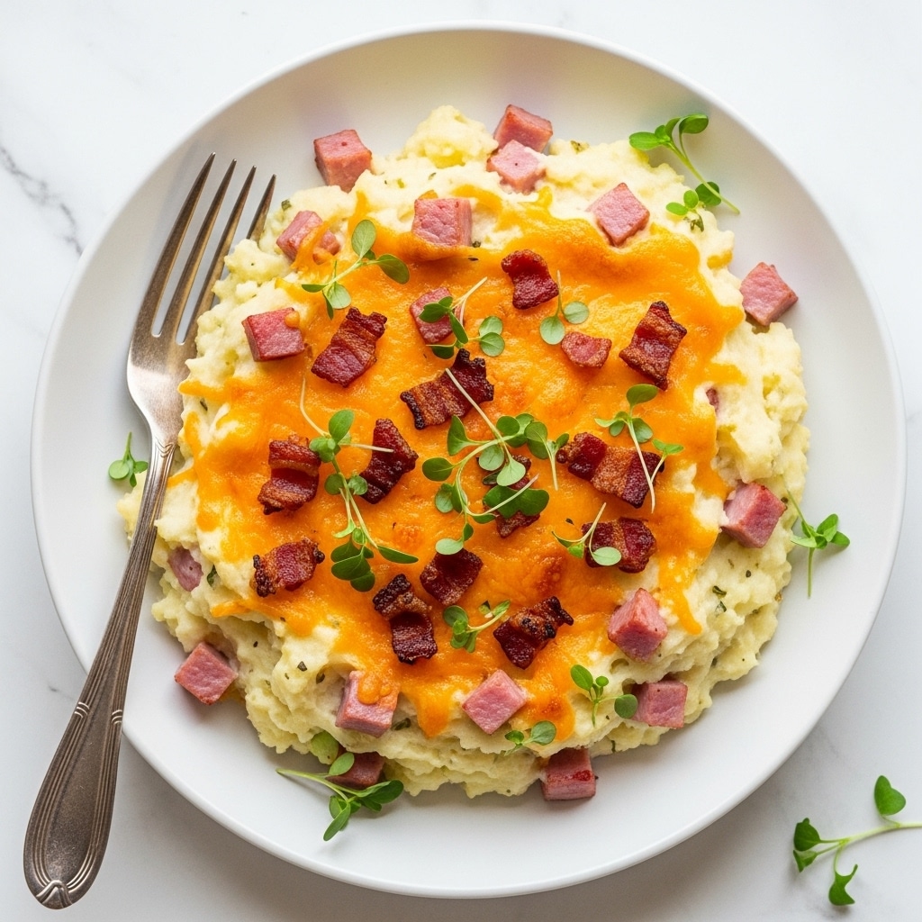 A dish served on a white plate shows a mix of creamy mashed potatoes forming the base layer with soft, slightly chunky texture in pale yellow and white tones. Scattered over the mashed potatoes are small pieces of pink ham and golden crispy bacon bits. Melted cheese with a rich orange color covers the top, some areas browned and crunchy. Small green herb sprigs add a fresh touch on top. A silver fork is resting on the plate, all set on a white marbled surface. photo taken with an iphone --ar 4:5 --v 7