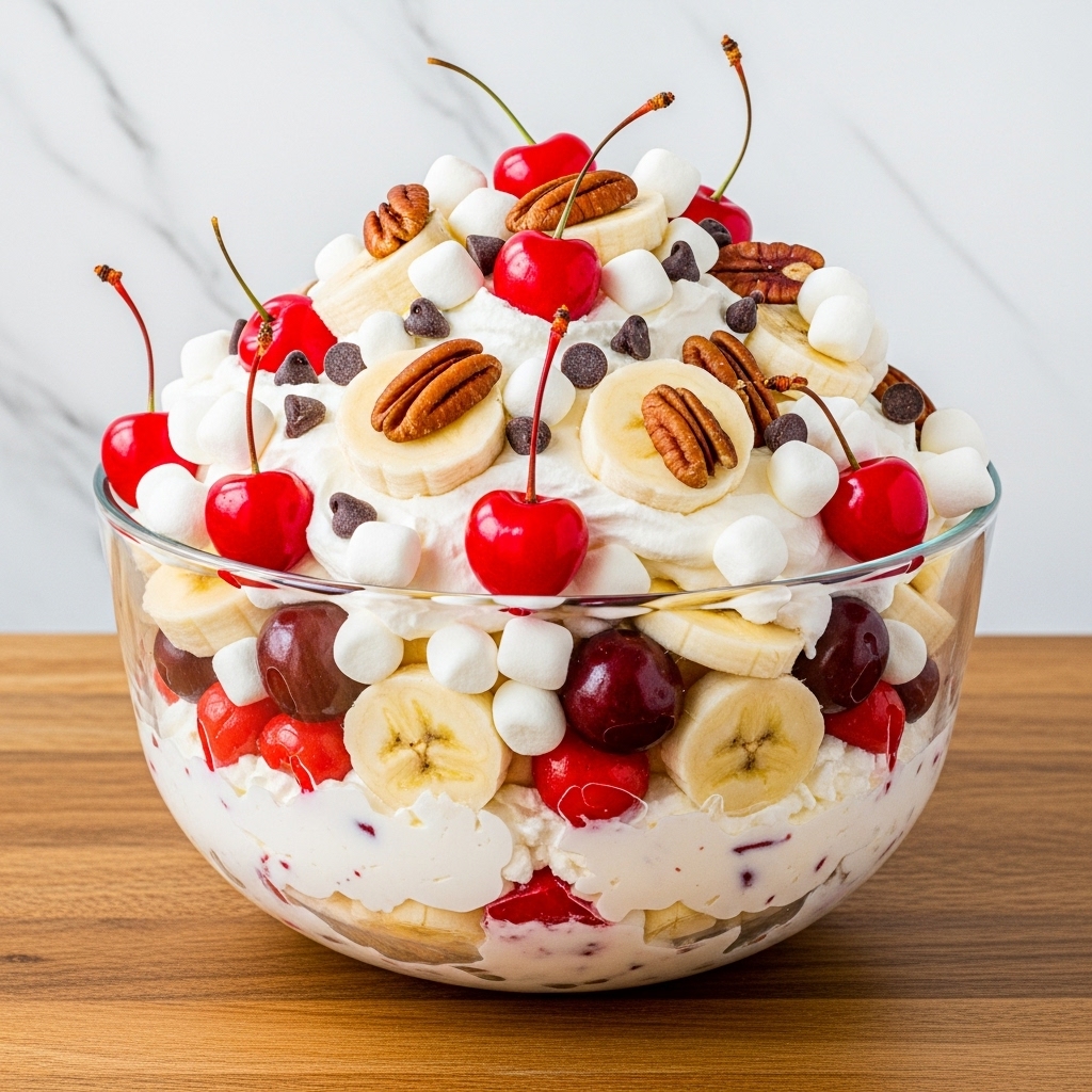 A clear glass bowl filled with multiple layers of a creamy white whipped mixture mixed with bright red cherries and soft yellow banana slices. On top, there is a thick mound of fluffy white whipped cream sprinkled with small white marshmallows, rich dark brown chocolate chips, halved pecans with a detailed brown texture, and shiny red cherries. The bowl sits on a white marbled surface with the colorful ingredients visible through the clear glass. photo taken with an iphone --ar 4:5 --v 7