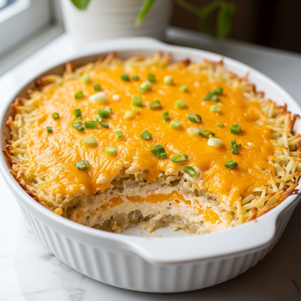 A white oval dish filled with a layered cheesy casserole sits on a white marbled surface. The top layer is a golden-brown crispy shredded potato crust with melted orange-yellow cheddar cheese scattered evenly and garnished with small chopped green onions. Underneath, there is a creamy, thick white sauce mixed with cheese visible where a portion is scooped out at the front, showing soft potato pieces beneath the crispy top. The dish looks warm and fresh with a potted plant blurred in the background near a window. Photo taken with an iphone --ar 4:5 --v 7