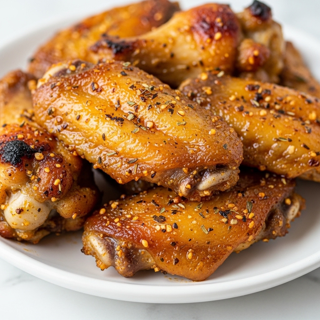 The image shows a close-up of several golden-brown chicken wings, covered with a mix of herbs and spices that give a slightly crispy texture. The wings have a shiny glaze, with small charred spots adding a smoky look. They are piled on a plain white plate, set on a white marbled surface, making the vibrant colors of the wings stand out. photo taken with an iphone --ar 4:5 --v 7