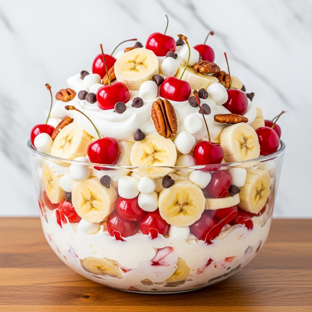 A clear glass bowl filled with a layered dessert starting with a base of creamy white whipped topping mixed with red fruit pieces and banana slices; the middle layer shows more whipped topping blending with bright red cherries, banana slices, and small white marshmallows; the top layer is a mound of whipped cream covered with shiny red cherries, whole pecan halves, banana slices, mini white marshmallows, and dark chocolate chips, creating a colorful, textured mix against the clear bowl with a wooden surface background changed to a white marbled texture; photo taken with an iphone --ar 4:5 --v 7