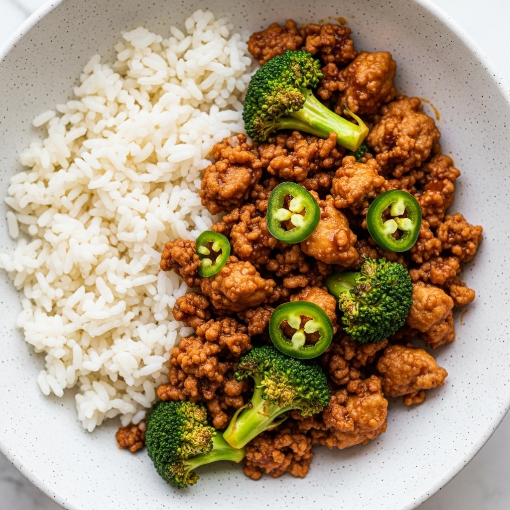 A close-up view of a white speckled bowl filled with two main layers: on the left side, plain white cooked rice with soft, separate grains, and on the right side, a ground meat stir-fry with small pieces of broccoli and green chili slices, covered in a glossy brown sauce giving it a moist texture; the white marbled surface is visible underneath the bowl photo taken with an iphone --ar 4:5 --v 7