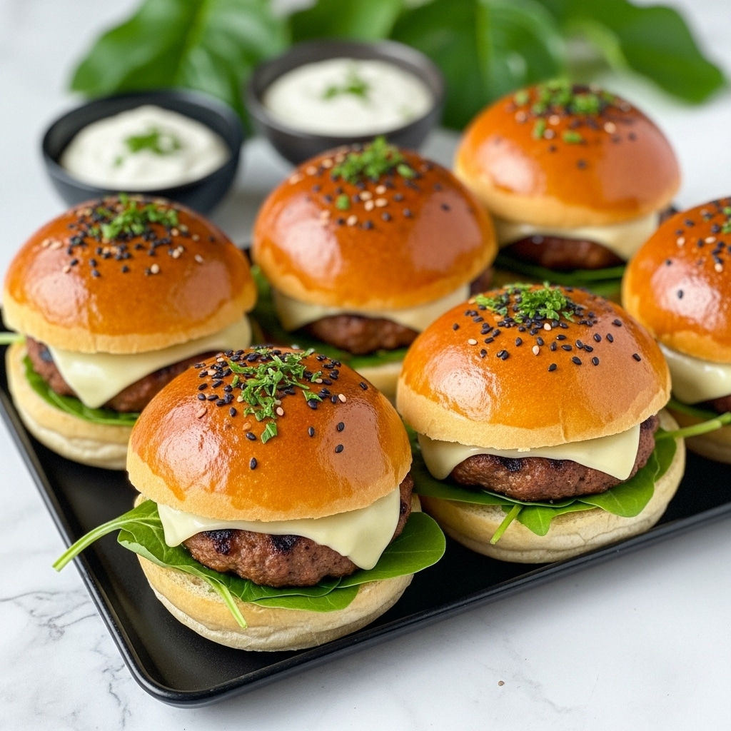 The image shows a tray with six small sandwiches arranged in two rows of three. Each sandwich has a shiny golden-brown bun topped with small black seeds and fresh chopped green herbs. Inside the buns, there is a melted layer of cheese over a crispy, light brown patty with visible grilled marks, and a layer of green leafy vegetables underneath. The tray is placed on a white marbled surface, and there are blurred bowls with green garnishes and sauce in the background. photo taken with an iphone --ar 4:5 --v 7