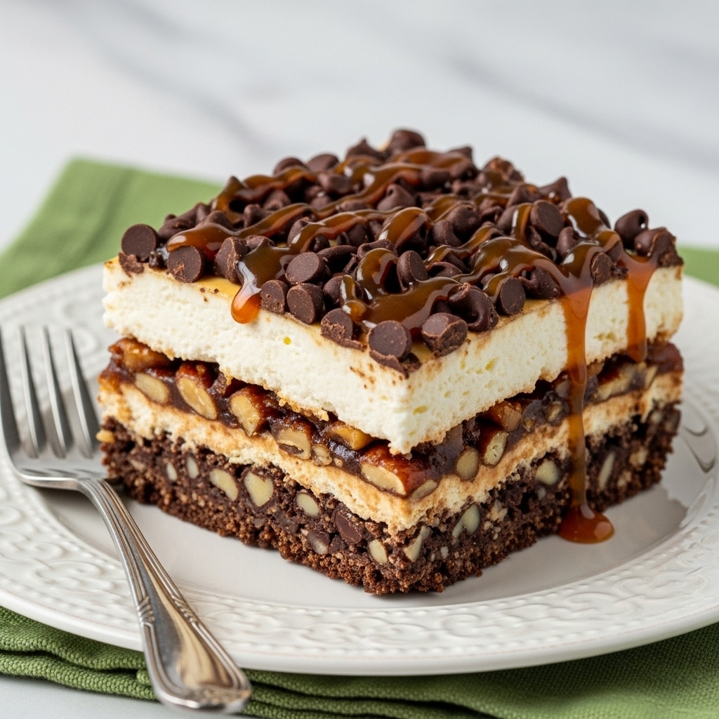 A square piece of dessert sits on a white plate with a delicate pattern. The dessert has four visible layers: the bottom layer is a dark, crumbly crust with nuts and chocolate bits; above that is a thick, smooth creamy white layer; on top of the cream is a sticky, chunky brown caramel and nut mixture; and the topmost layer is covered in glossy dark chocolate chips with a drizzle of caramel sauce adding shine and texture. The plate rests on a green cloth, and a silver fork is placed nearby on the left side. The background is softly blurred with a white marbled texture visible. photo taken with an iphone --ar 4:5 --v 7
