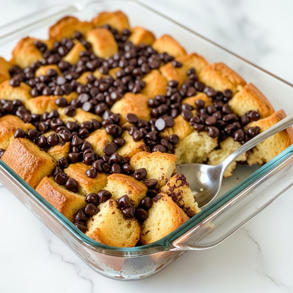 This image shows a close-up of a baked dish in a clear glass rectangular baking dish filled with chunks of golden brown bread mixed with dark chocolate chips. The bread pieces form the base layer, with the chocolate chips scattered evenly on top, some slightly melted and shiny. The dish rests on a white marbled surface, and a silver spoon is seen partially on the right side, ready to scoop into the warm dessert. The texture of the bread looks fluffy and soft on the inside, with crispy edges. Photo taken with an iphone --ar 4:5 --v 7